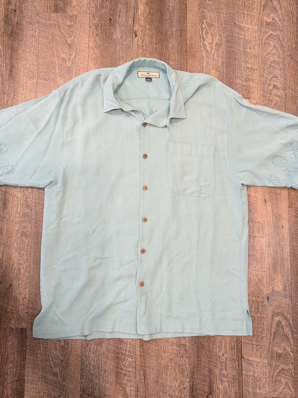 Tommy Bahama Men's Light Teal Short-Sleeve Button-Up Shirt W/ Tonal Embroidered